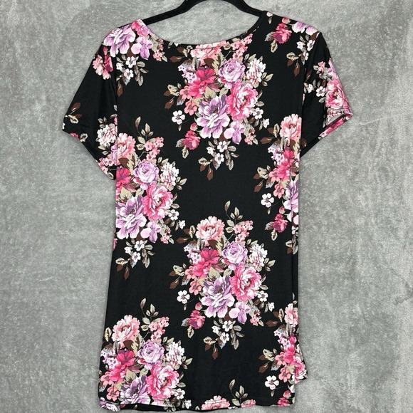 Just Be XL Shirt Top Black Pink Floral Short Sleeve Criss Cross V Neck Stretch - Picture 4 of 6